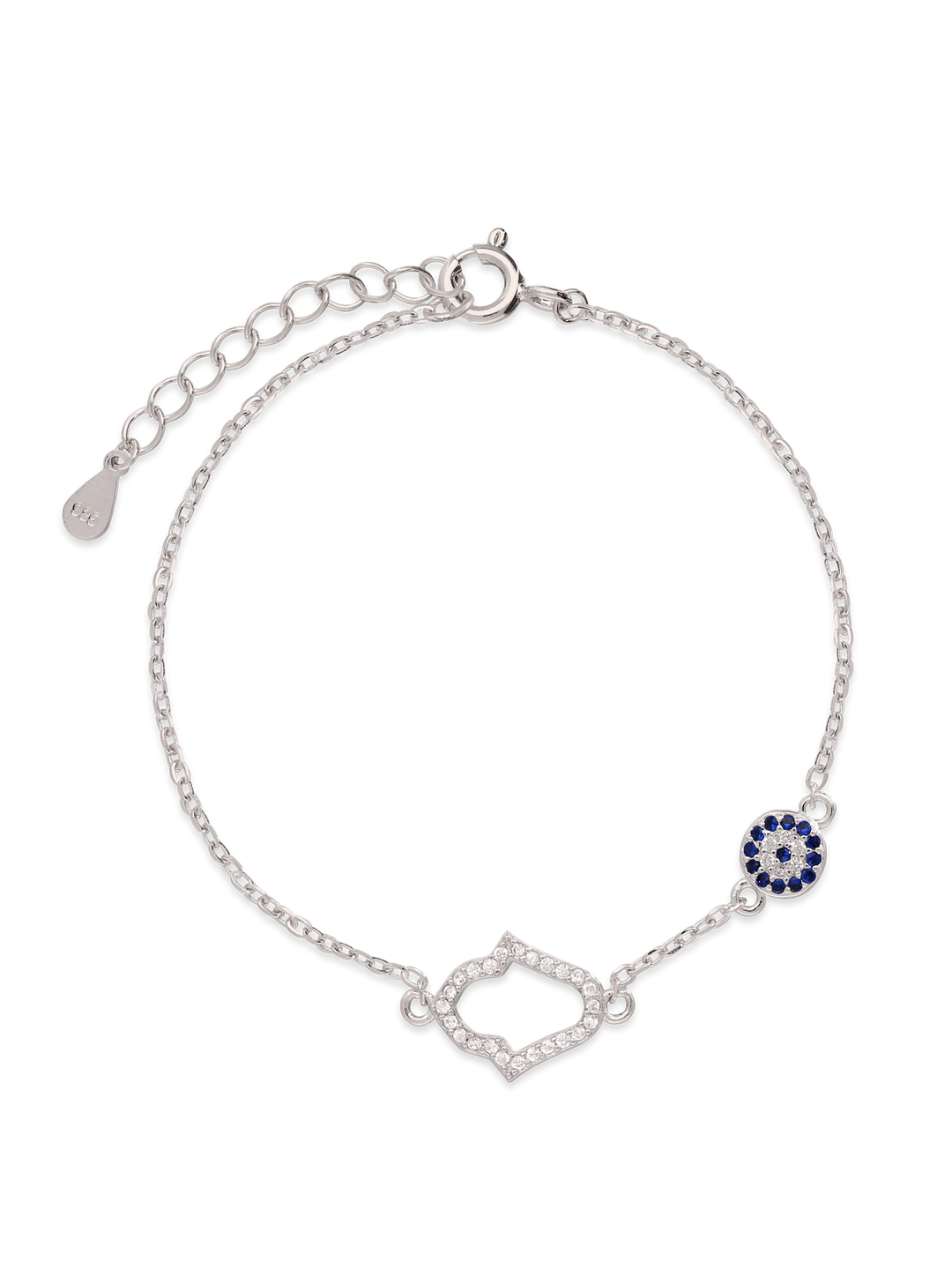 Pulseira delicada em prata 925 com zircônia e mão de fátima