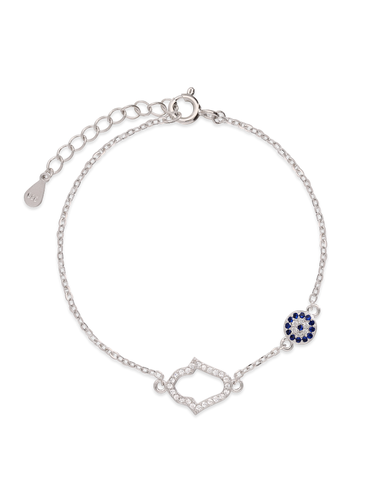 Pulseira delicada em prata 925 com zircônia e mão de fátima