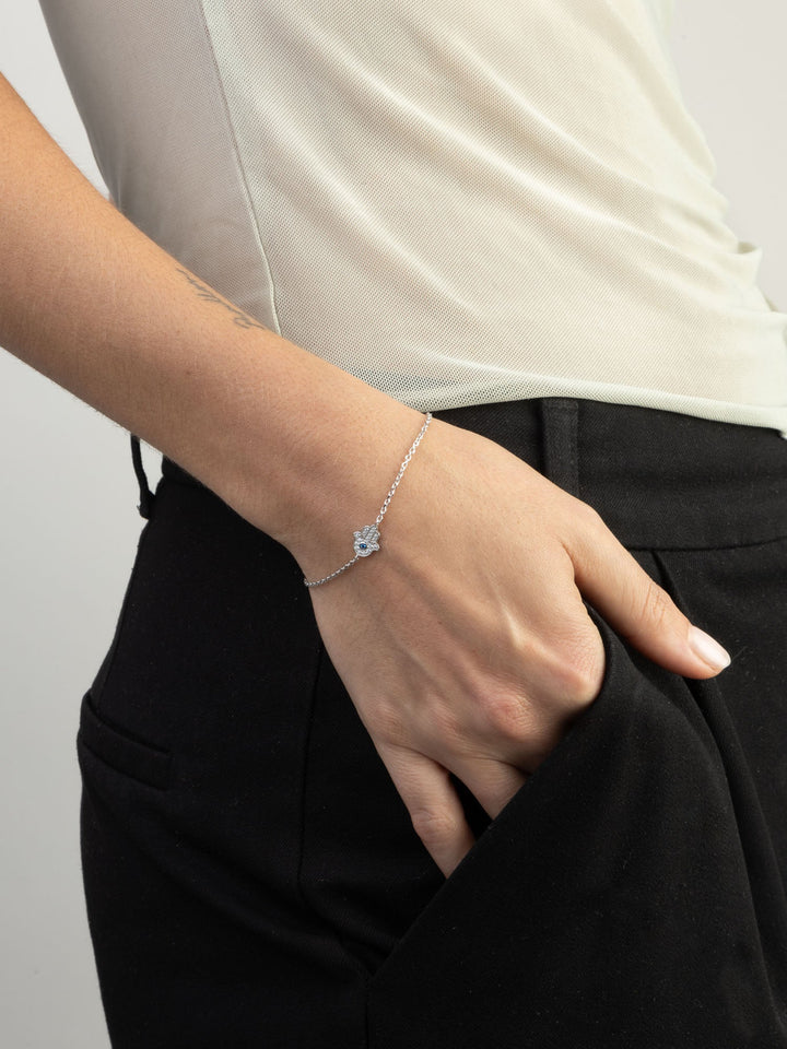 Pulseira Mão de Fátima em prata 925 com zircónia azul