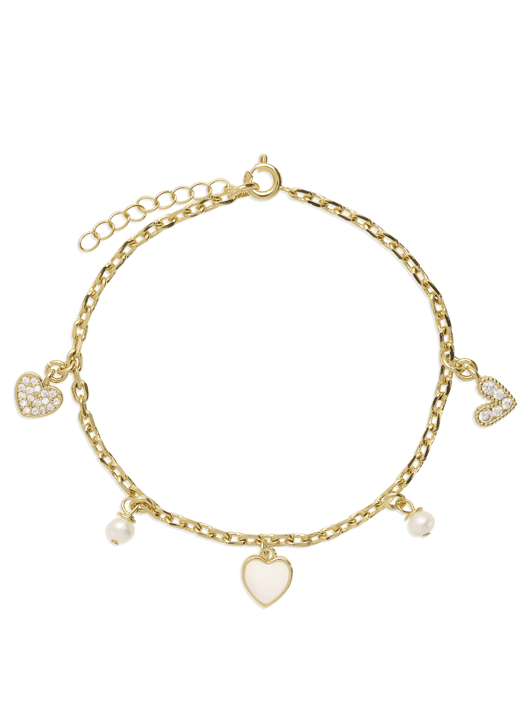 Pulseira delicada banhada a ouro com zircónia, pérola e esmalte branco