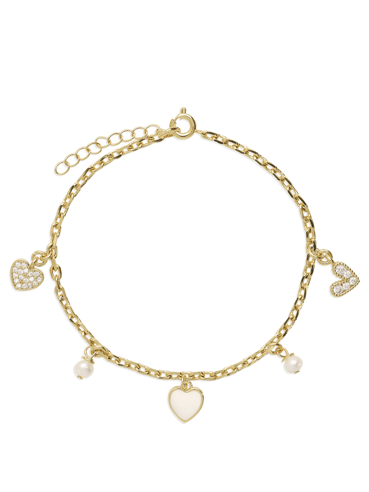 Pulseira delicada banhada a ouro com zircónia, pérola e esmalte branco
