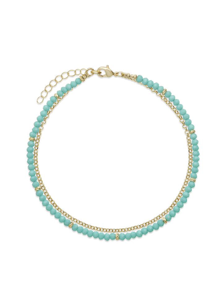 Pulseira dupla para tornozelo banhada a ouro com cristais azul céu