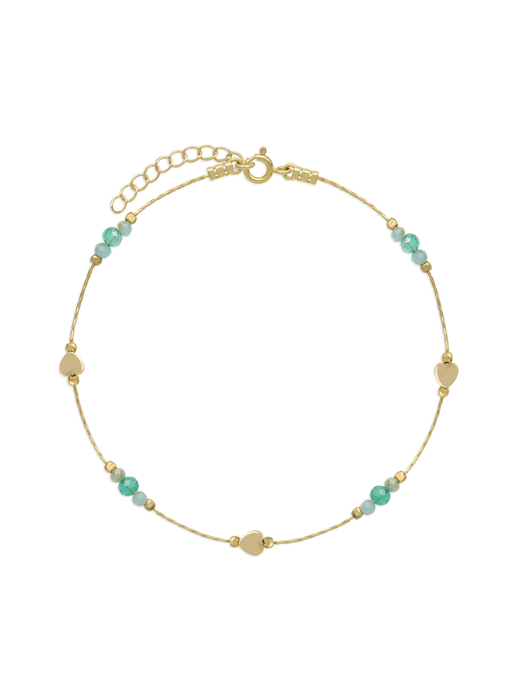 Pulseira para tornozelo banhada a ouro com cristais verde e azul céu