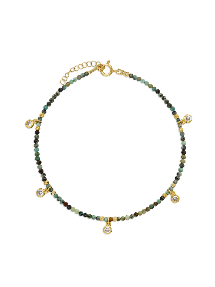 Pulseira para tornozelo banhada a ouro com zircónia e turquesa colorida