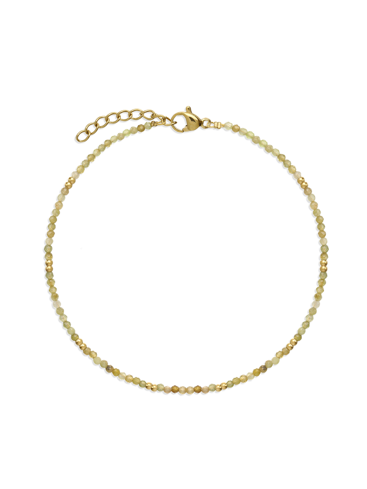 Pulseira para tornozelo em aço inoxidável e banhada a ouro com granada verde
