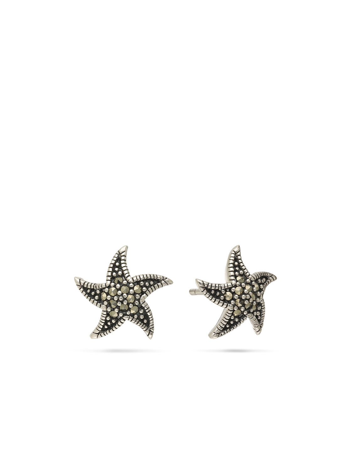 Brincos de placa estrela-do-mar em prata 925 com marcassita cinzenta