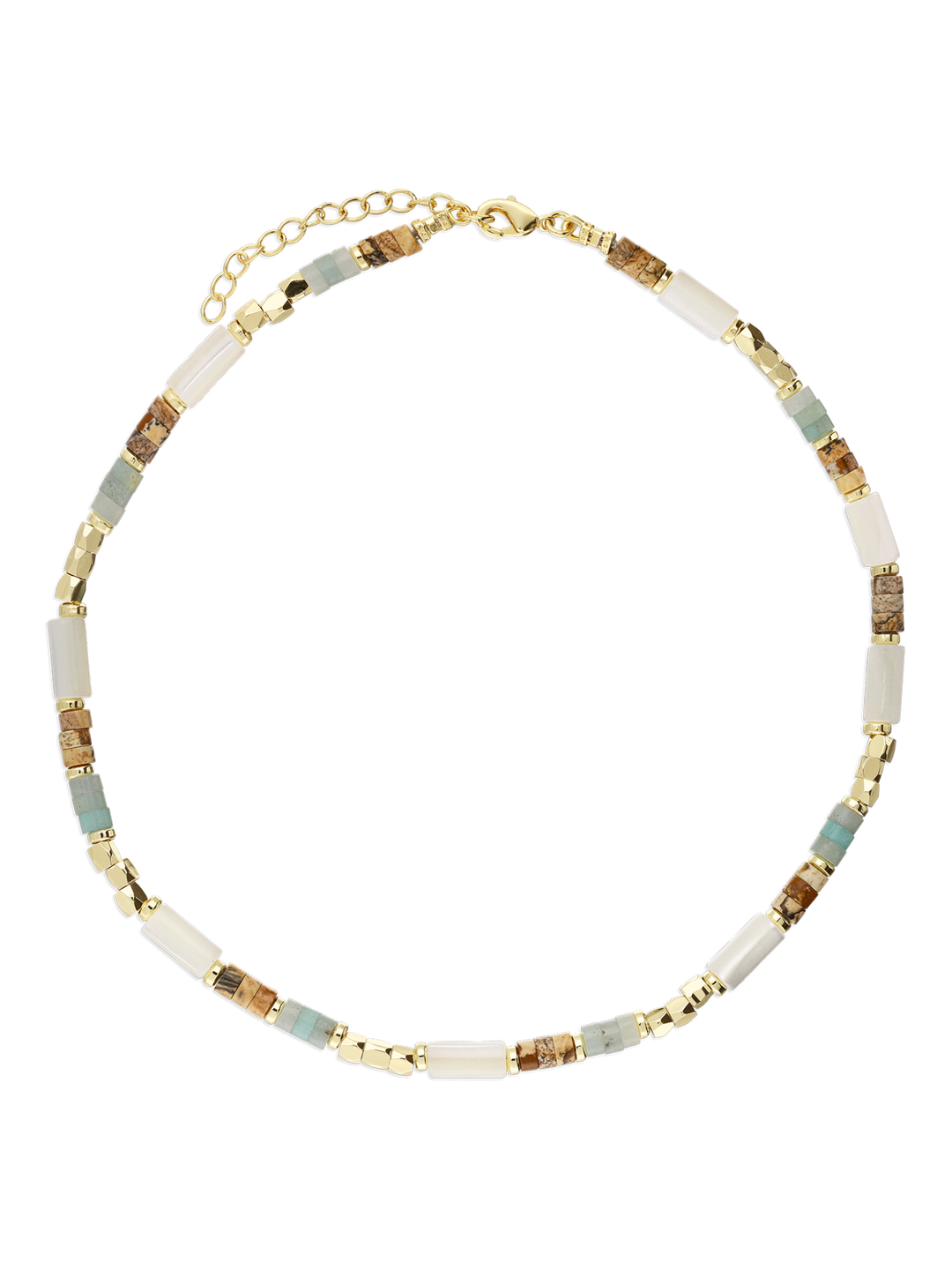 Colar choker banhado a ouro com madrepérola, jaspe e Iolita colorida