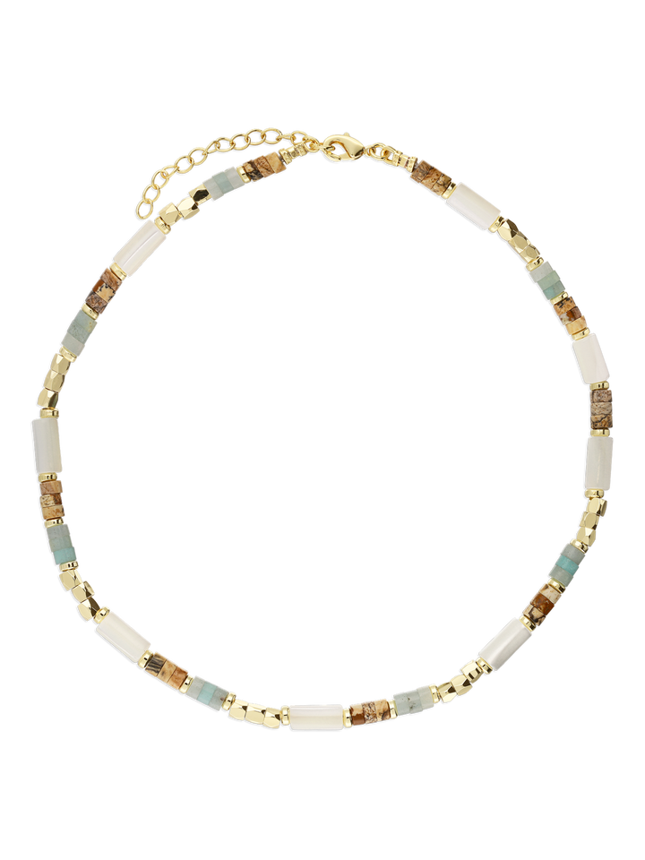 Colar choker banhado a ouro com madrepérola, jaspe e Iolita colorida