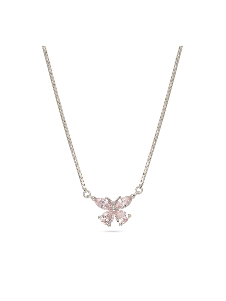 Fio com pendente borboleta em prata 925 com zircónias rosa