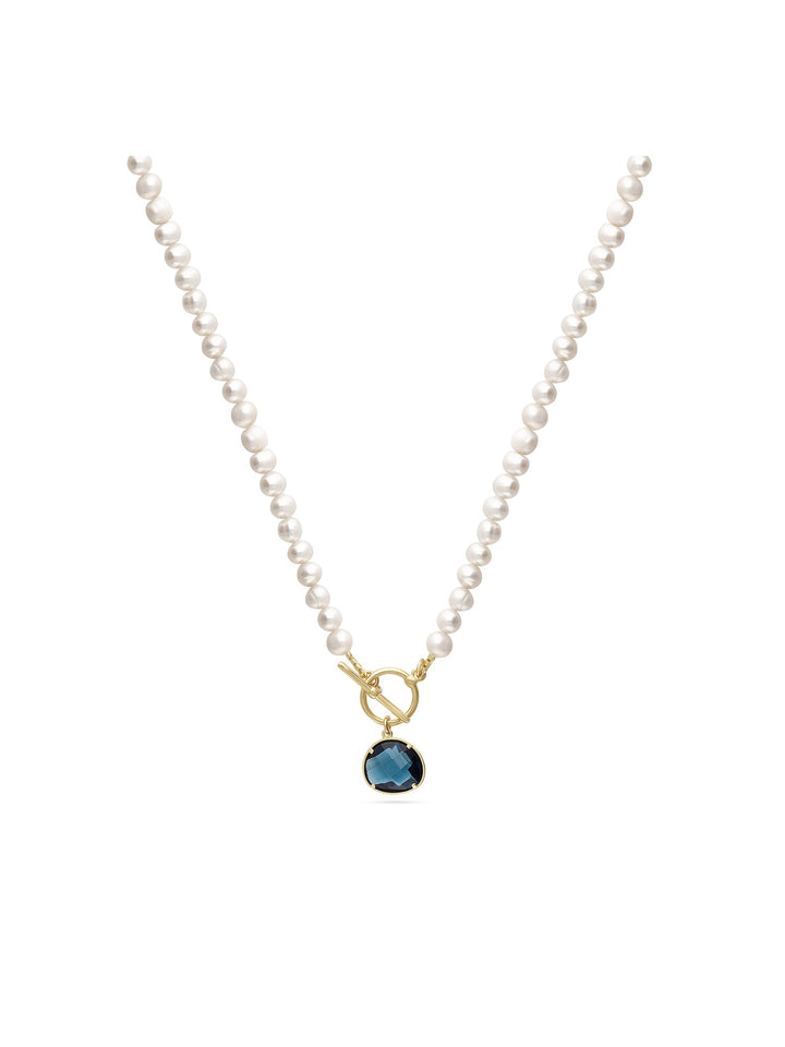 Fio com pendente banhado a ouro com pérolas e cristal azul