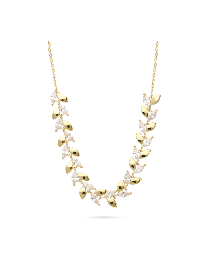 Colar banhado a ouro com zircónias e folhas