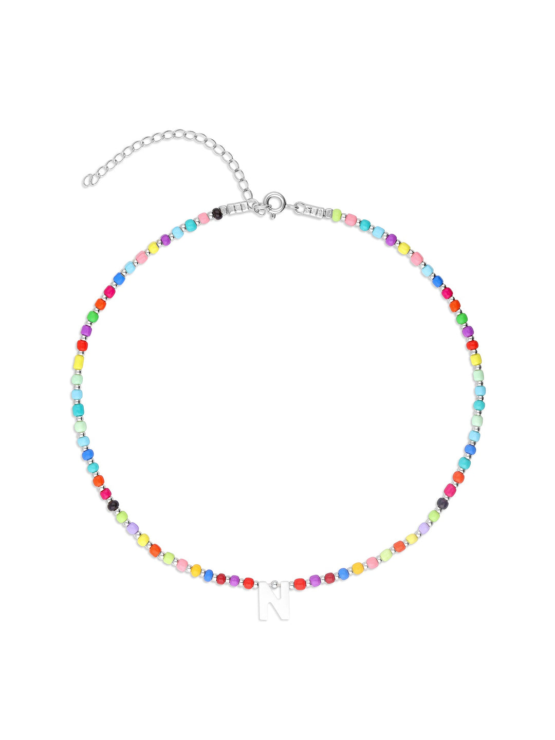 Colar choker "N" em prata 925 com madrepérola e cristal colorido