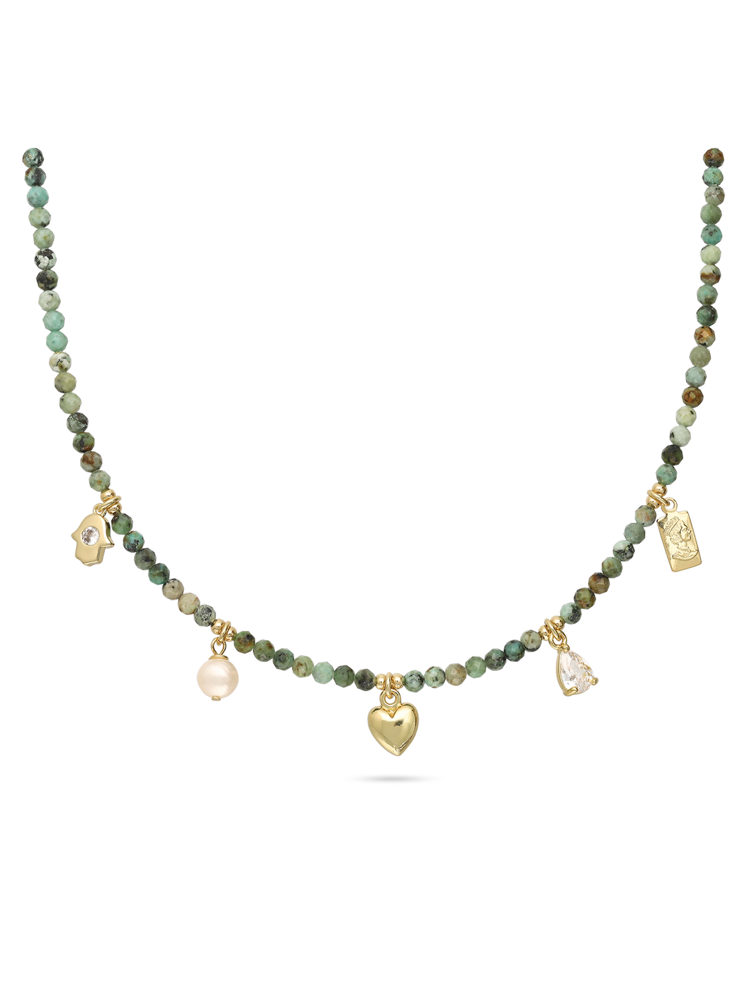 Colar de pedra banhado a ouro com zircónia, pérola e turquesa