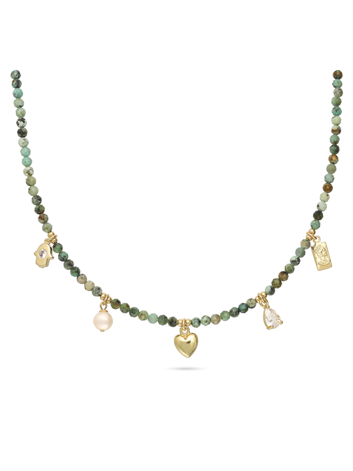 Colar de pedra banhado a ouro com zircónia, pérola e turquesa