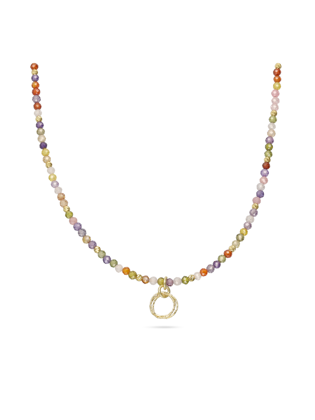 Colar de pedras banhado a ouro com zircónias coloridas e pendente círculo