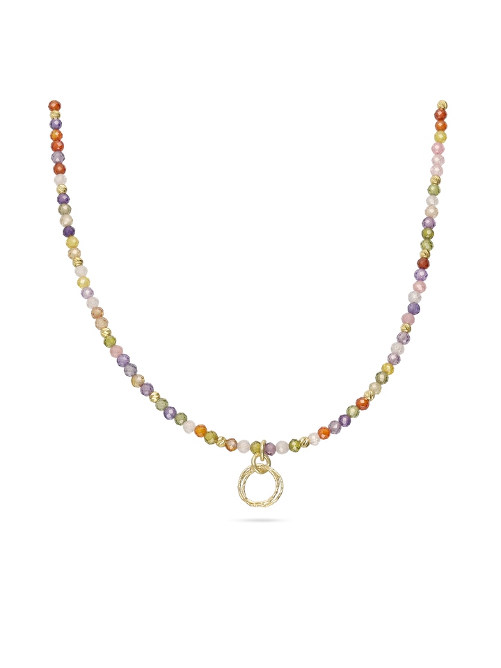 Colar de pedras banhado a ouro com zircónias coloridas e pendente círculo