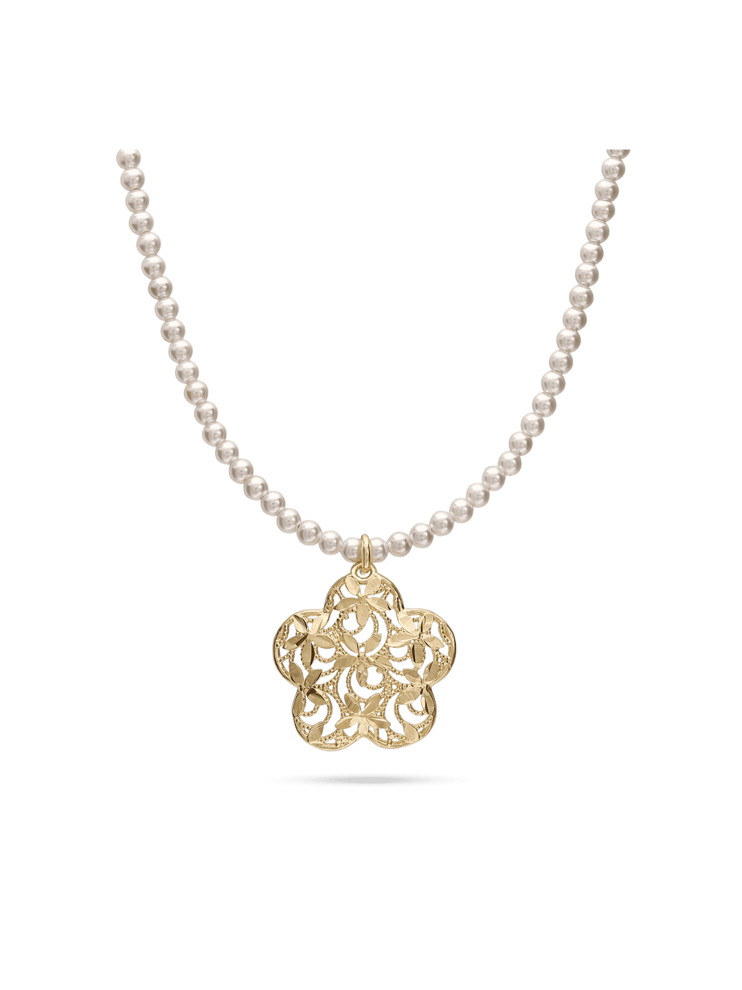 Colar de pedras banhado a ouro com madrepérola e pendente flor