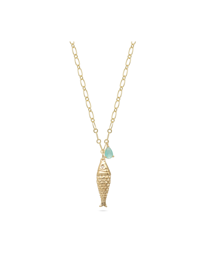 Fio com pendente peixe banhado a ouro com zircónia e cristal