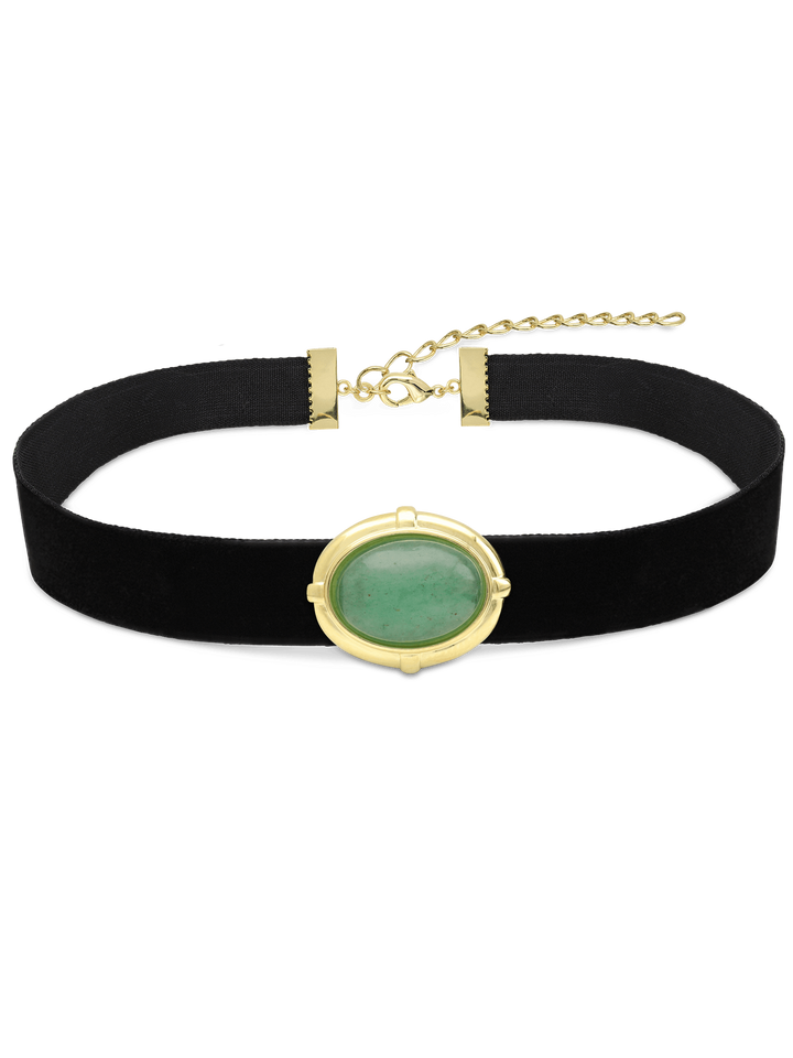 Colar choker vintage banhado a ouro com aventurina verde