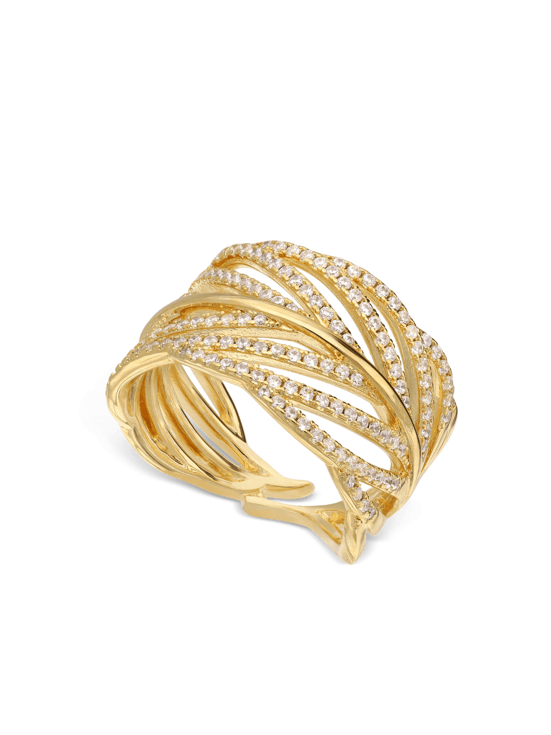 Anel grande folha banhado a ouro com zircónia