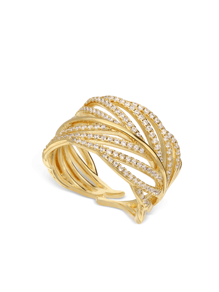 Anel grande folha banhado a ouro com zircónia