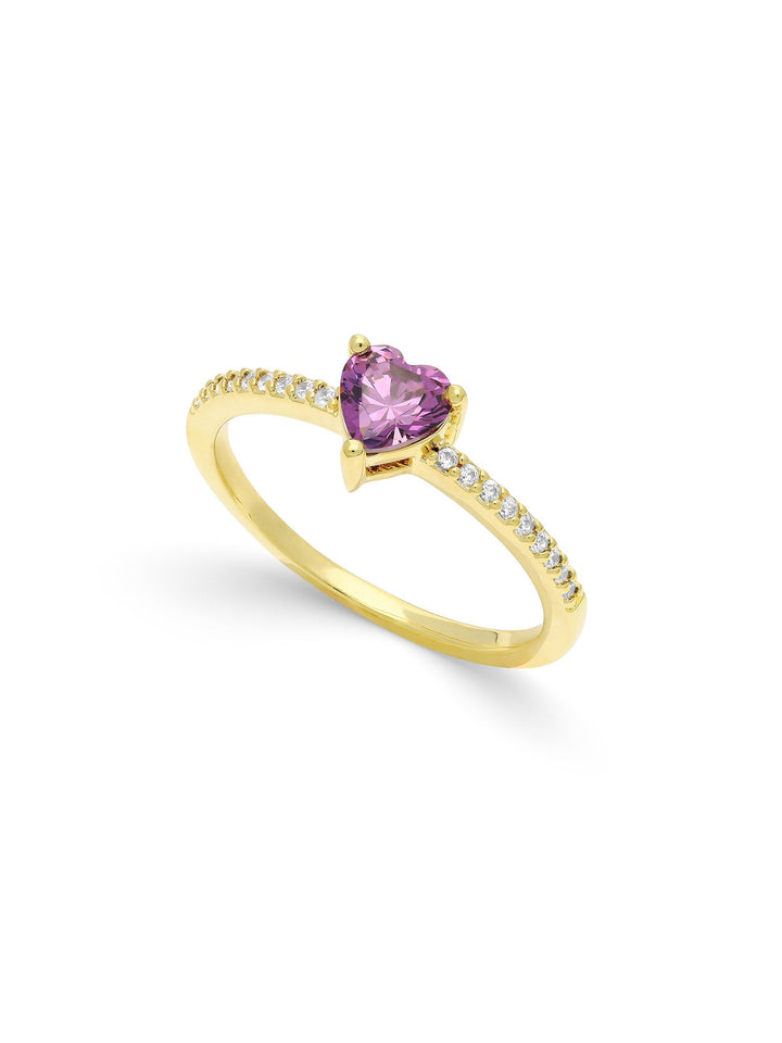 Anel coração banhado a ouro com zircónia violeta