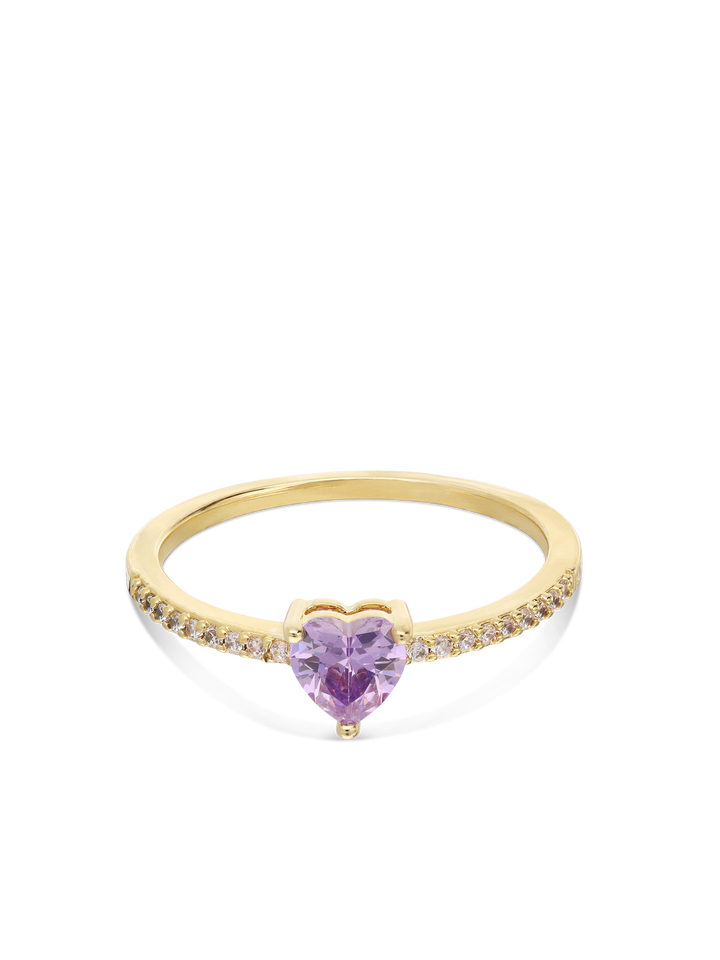 Anel coração banhado a ouro com zircónia violeta