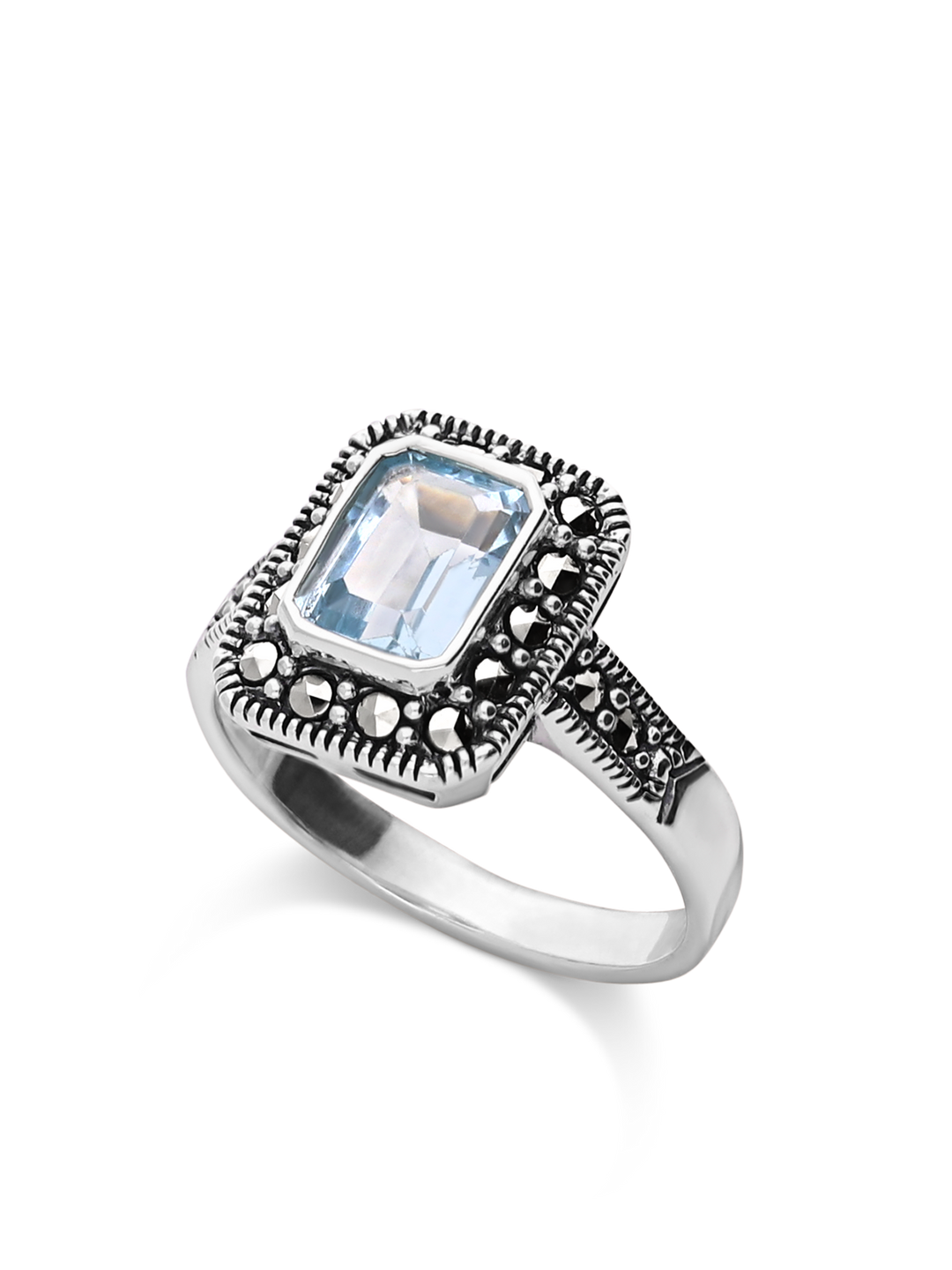 Anel grande em prata 925 com zircónia azul e marcassita