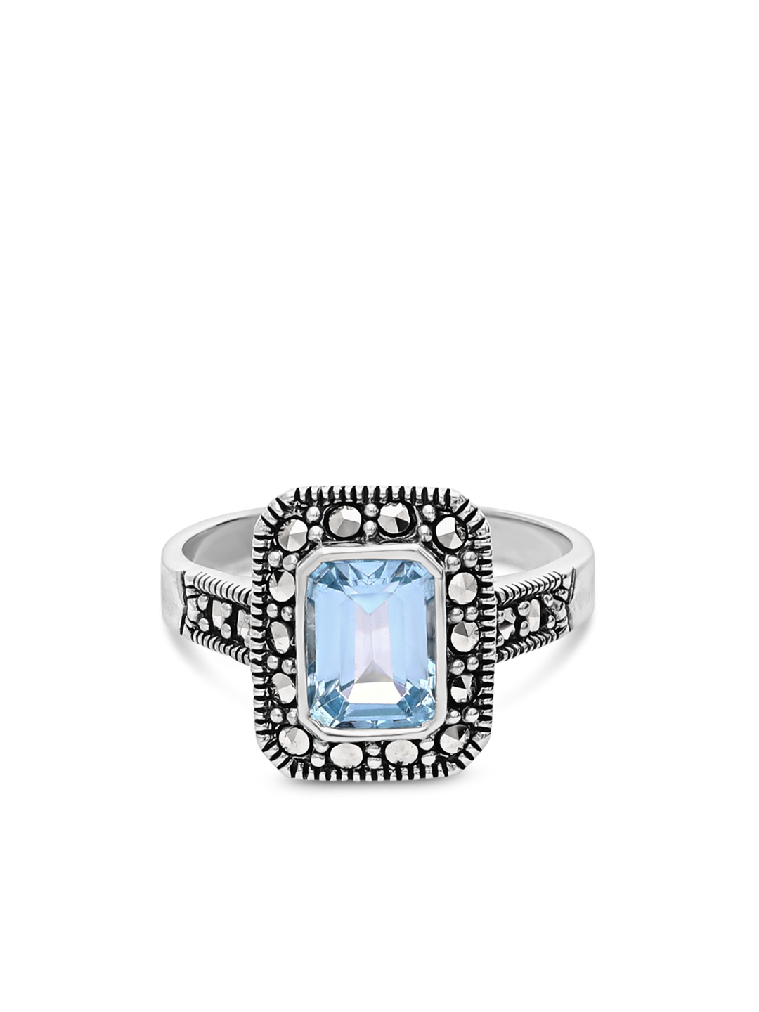Anel grande em prata 925 com zircónia azul e marcassita