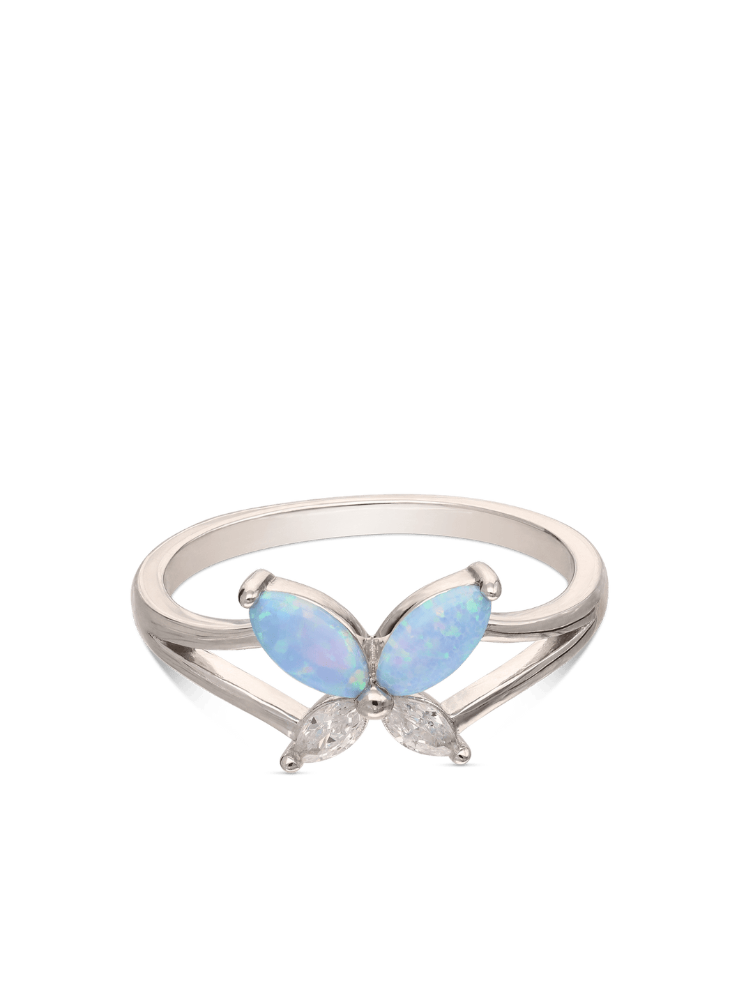 Anel delicado borboleta em prata 925 com zircónia e opala azul