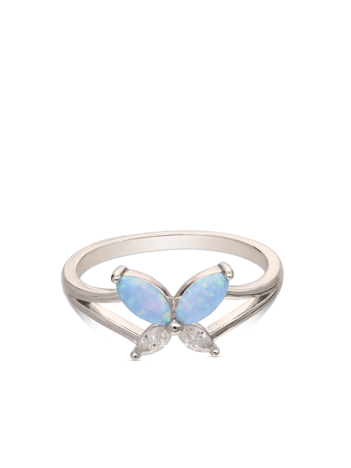 Anel delicado borboleta em prata 925 com zircónia e opala azul