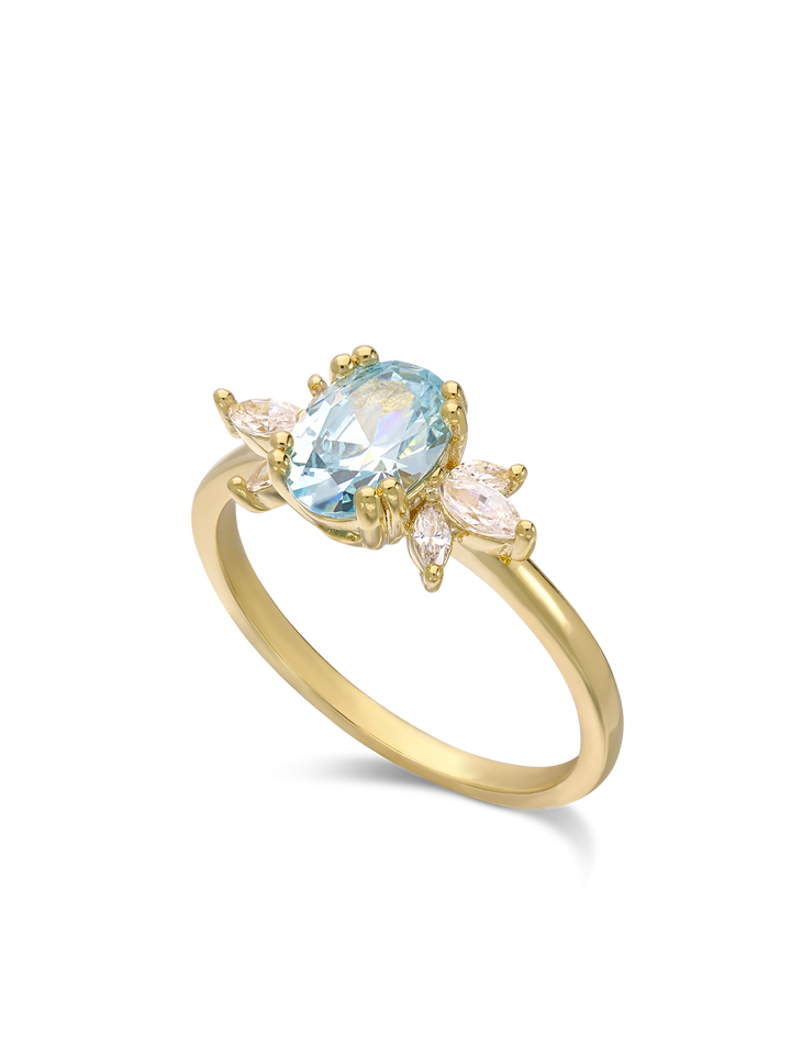 Anel flor banhado a ouro com zircónia azul