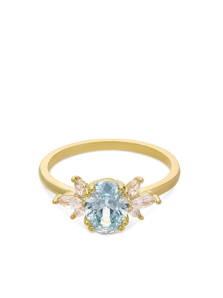 Anel flor banhado a ouro com zircónia azul