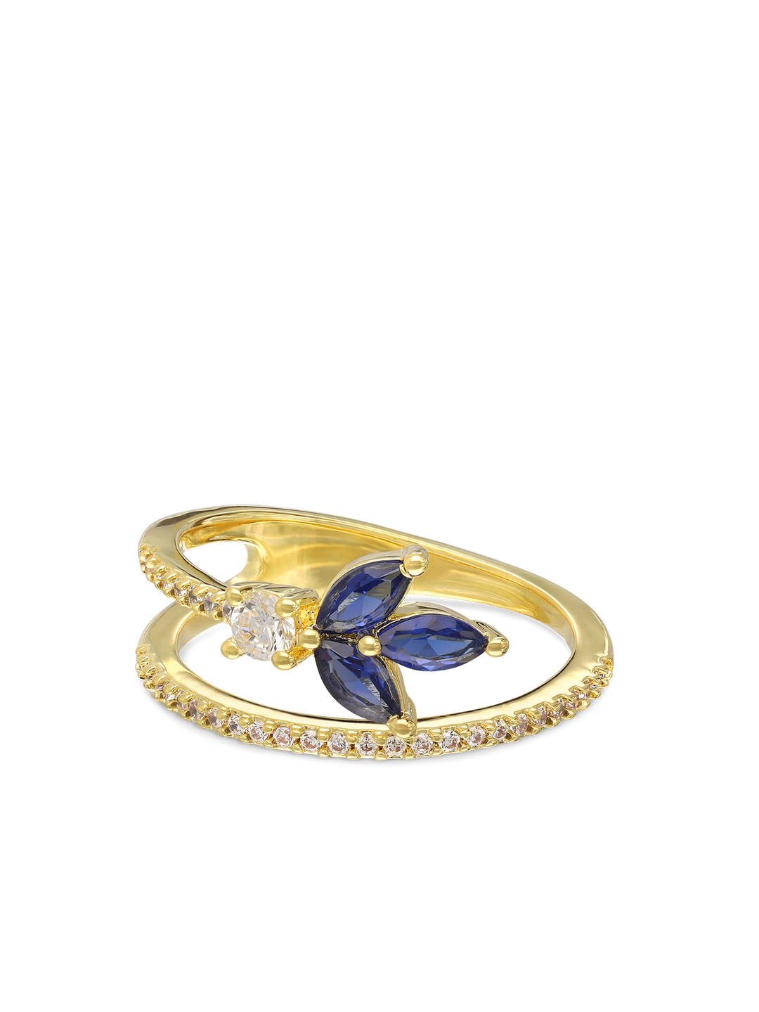 Anel aberto flor banhado a ouro com zircónias azuis