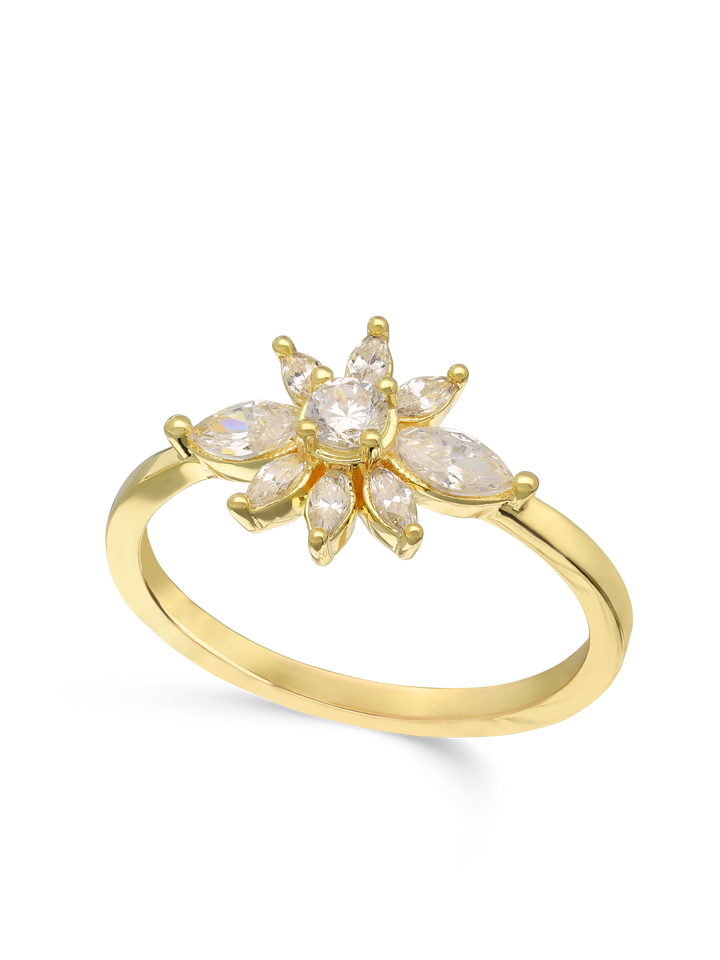 Anel flor banhado a ouro com zircónias