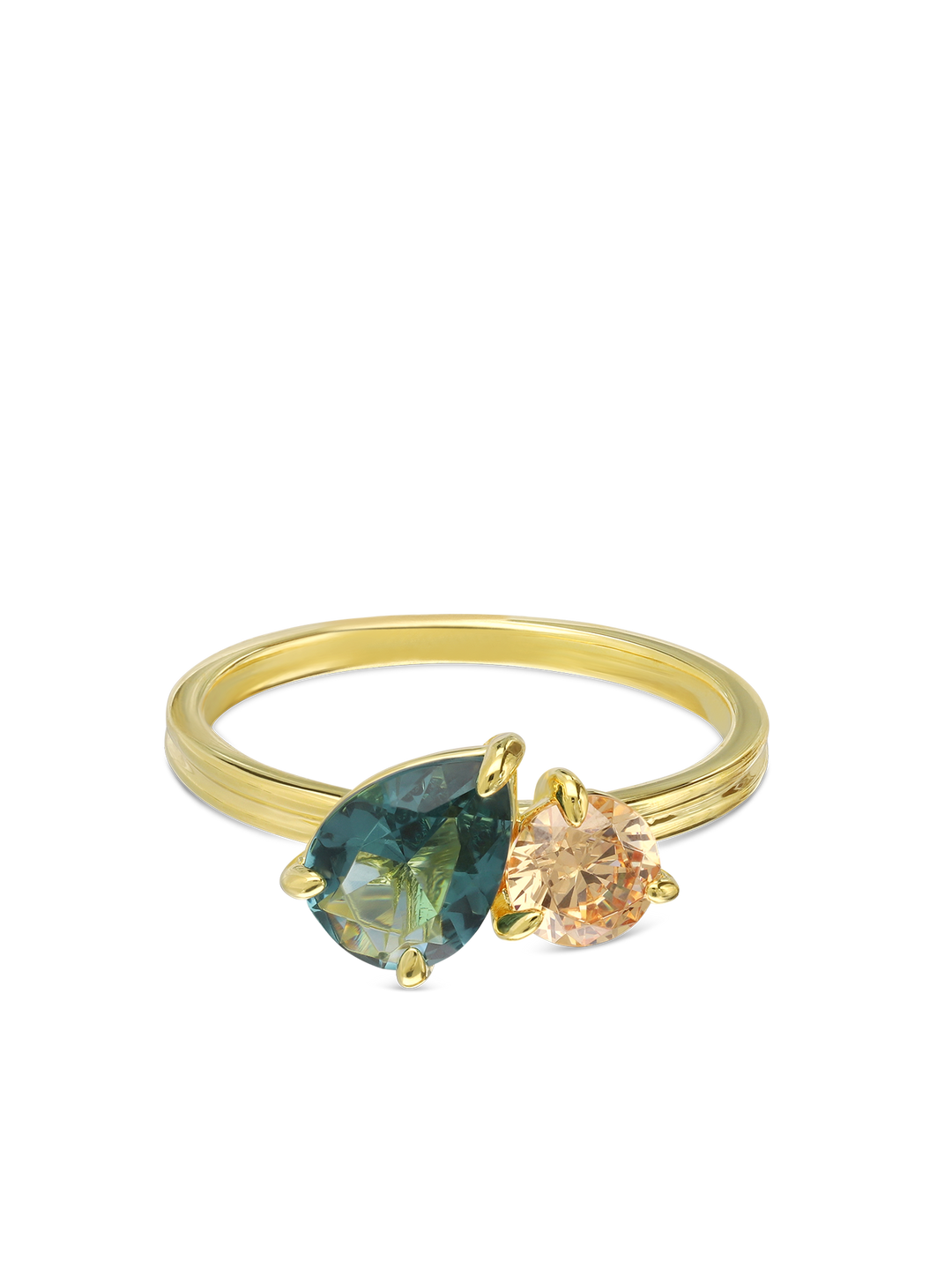 Anel delicado banhado a ouro com zircónia azul e champanhe
