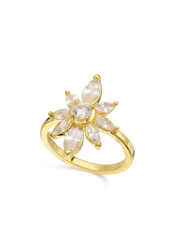 Anel flor banhado a ouro com zircónias